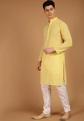 Yellow Embroidered Cotton Kurta For Men