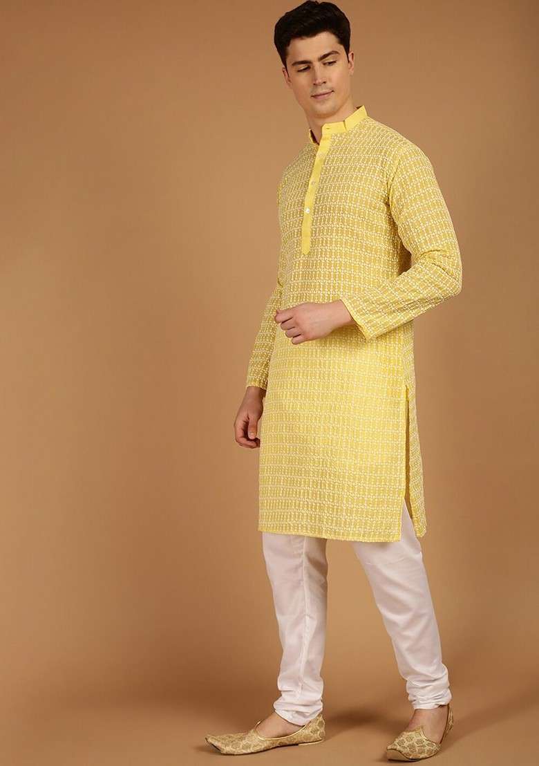 Yellow Embroidered Cotton Kurta For Men - Indya