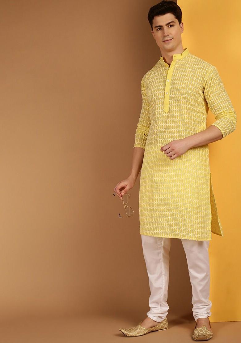 Yellow Embroidered Cotton Kurta For Men