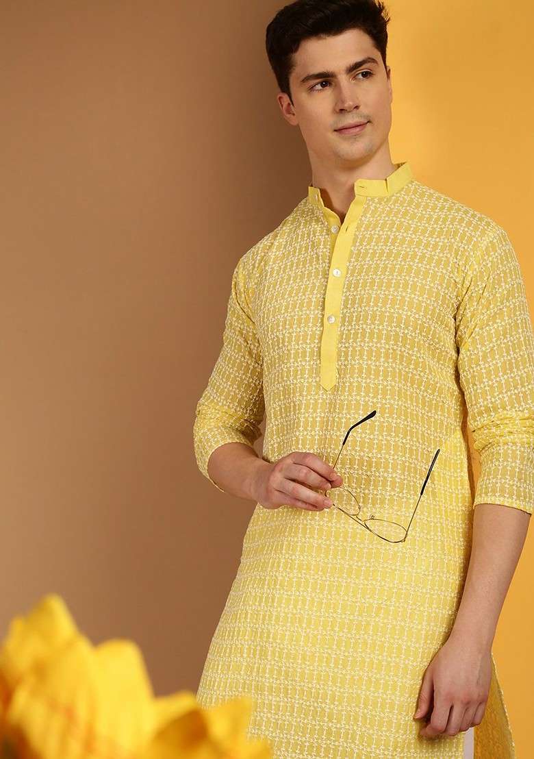 Yellow Embroidered Cotton Kurta For Men - Indya
