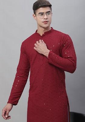 Maroon Embroidered Cotton Kurta For Men