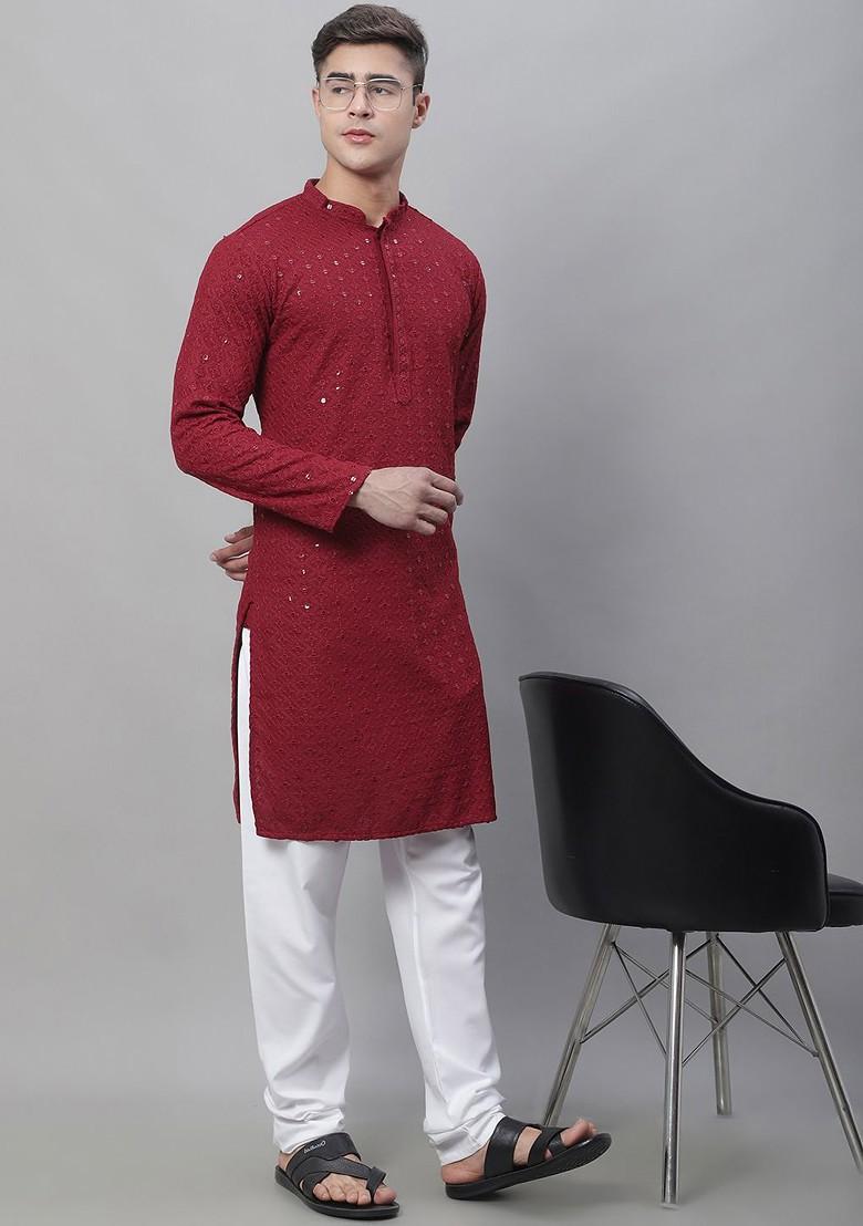 Maroon Embroidered Cotton Kurta For Men
