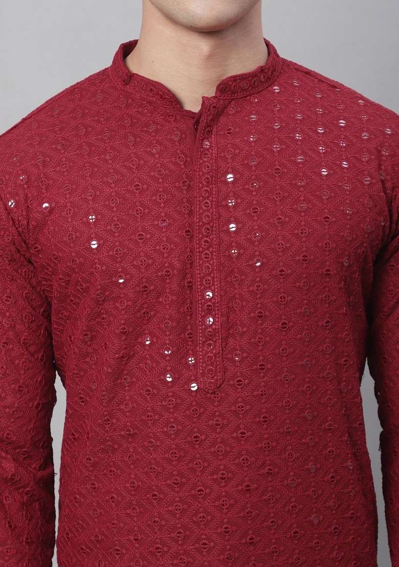 Maroon Embroidered Cotton Kurta For Men - Indya