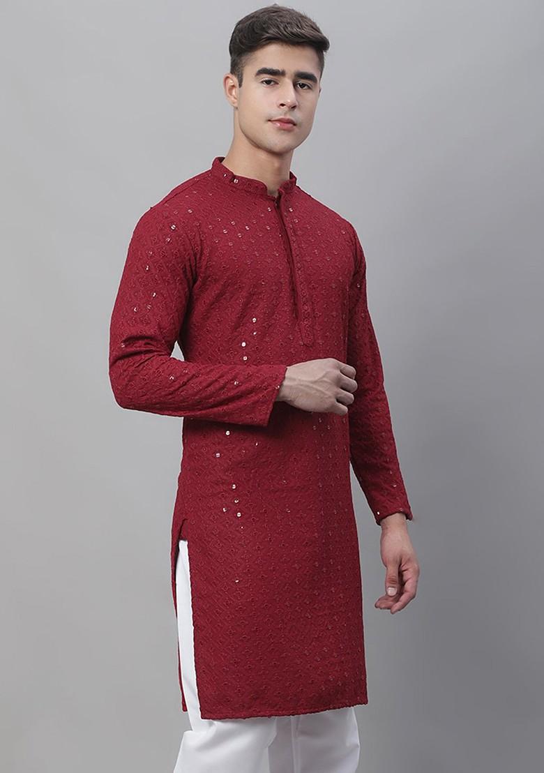 Maroon Embroidered Cotton Kurta For Men