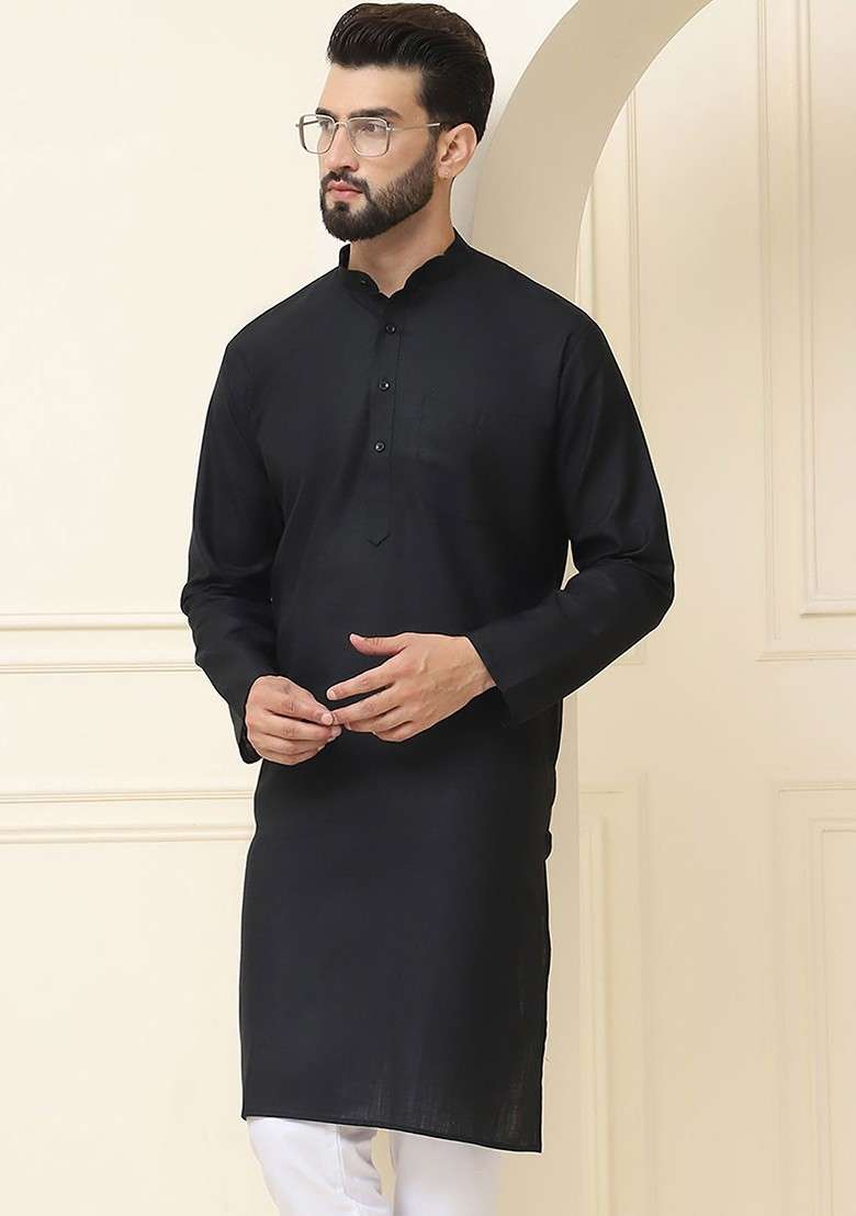 Black Solid Poly Blend Kurta For Men - Indya
