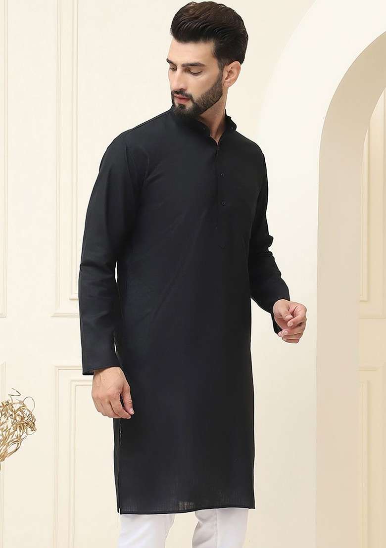 Black Solid Poly Blend Kurta For Men - Indya