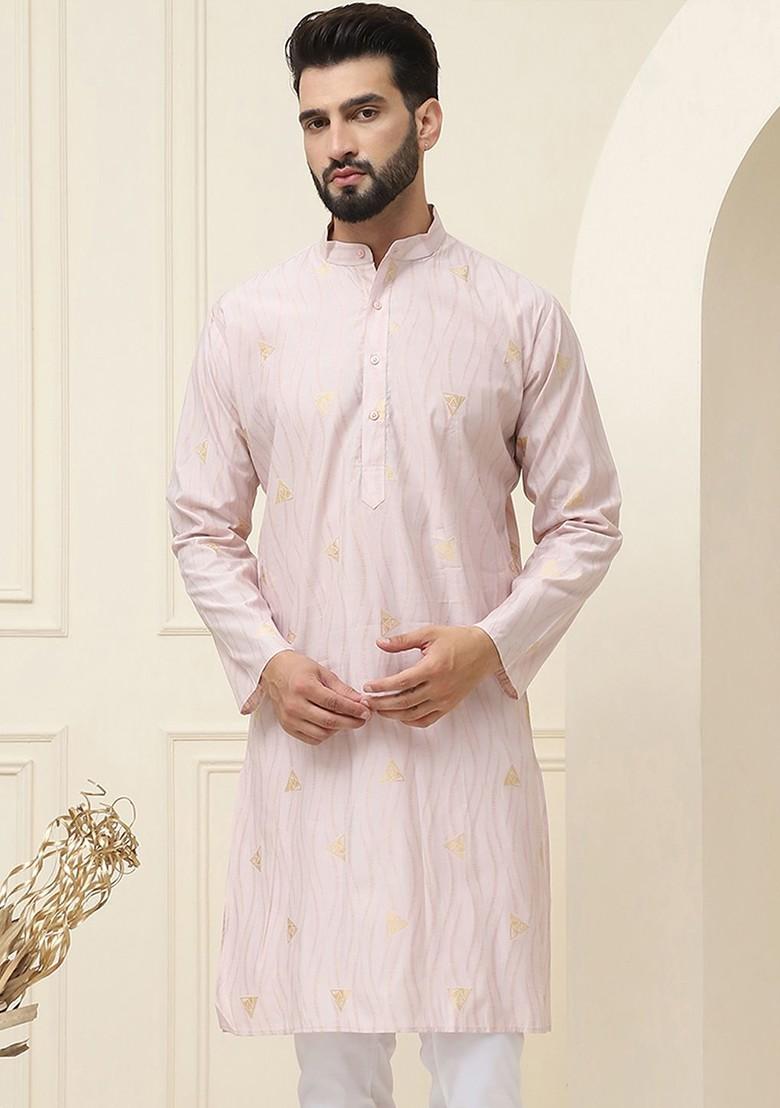 Peach Ethnic Motifs Poly Blend Kurta For Men