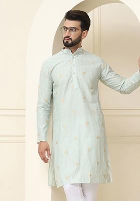 Green Thread Work Poly Blend Kurta For Men