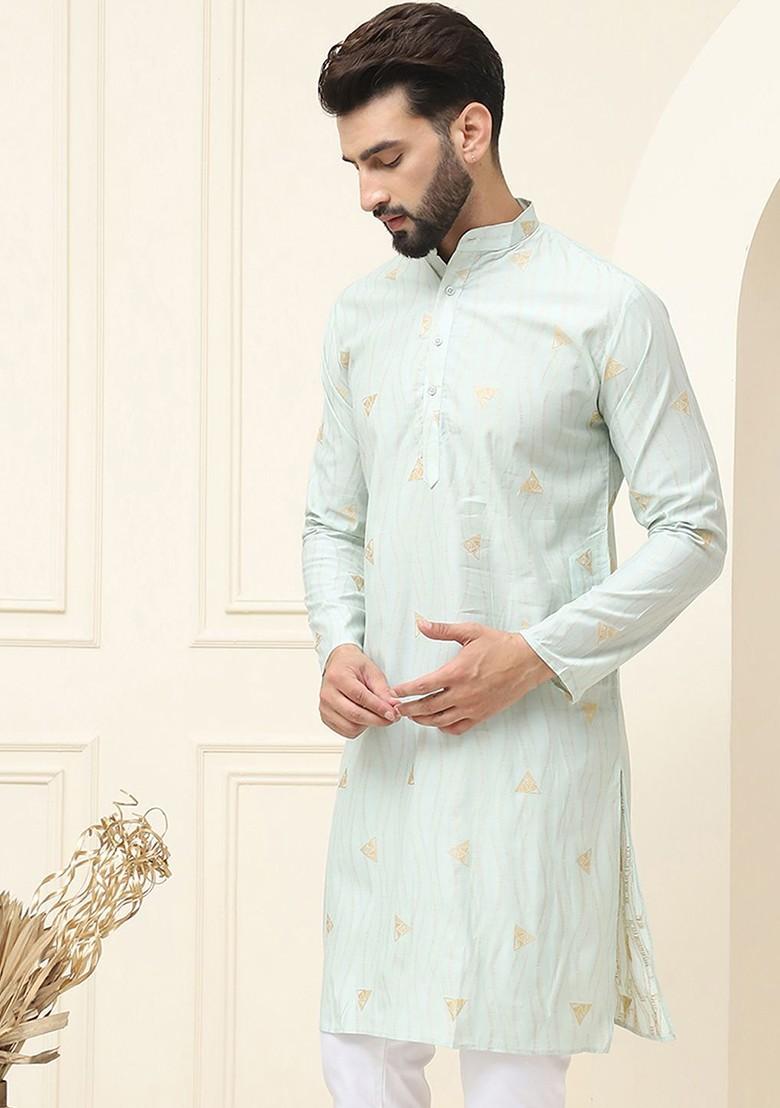 Green Thread Work Poly Blend Kurta For Men