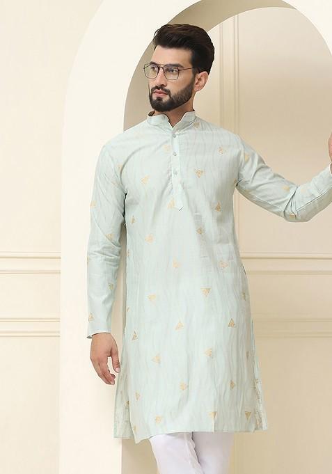 Green Thread Work Poly Blend Kurta For Men — view on Indya