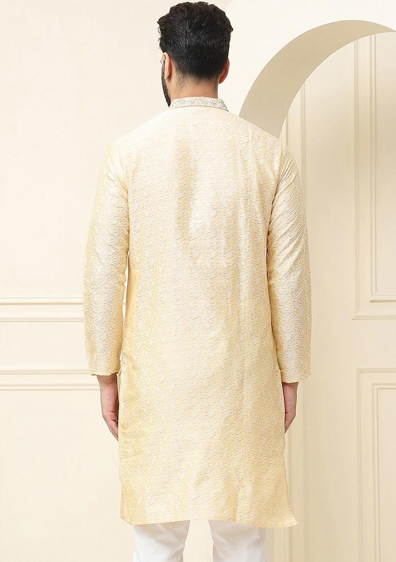 Gold Ethnic Motifs Poly Blend Kurta For Men