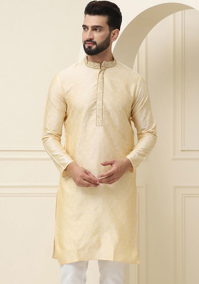 Gold Ethnic Motifs Poly Blend Kurta For Men