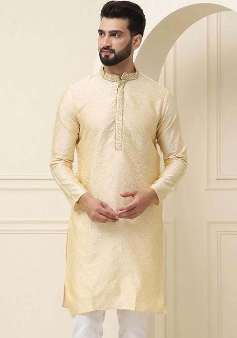 Gold Ethnic Motifs Poly Blend Kurta For Men