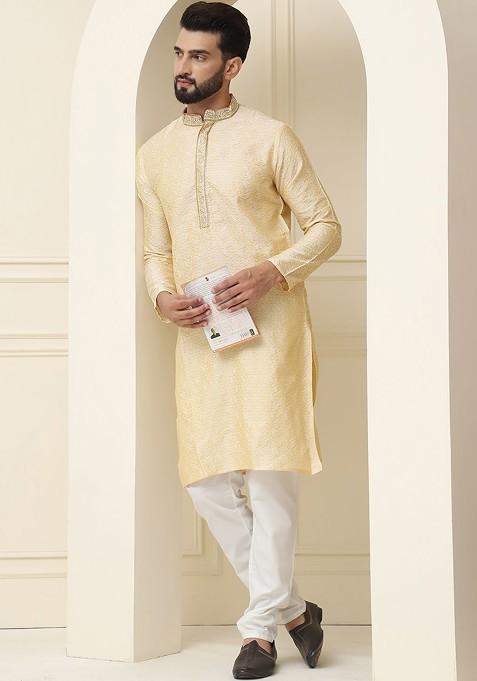 Gold Ethnic Motifs Poly Blend Kurta For Men