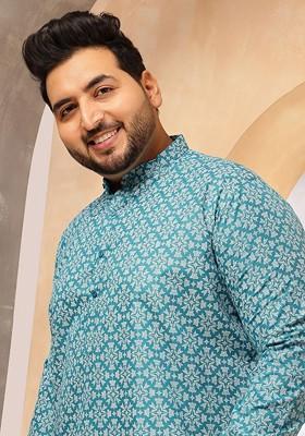 Blue Printed Poly Blend Kurta For Men