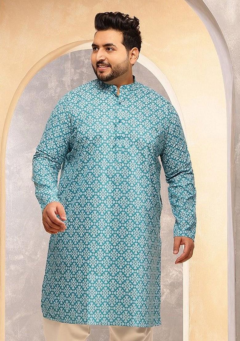 Blue Printed Poly Blend Kurta For Men