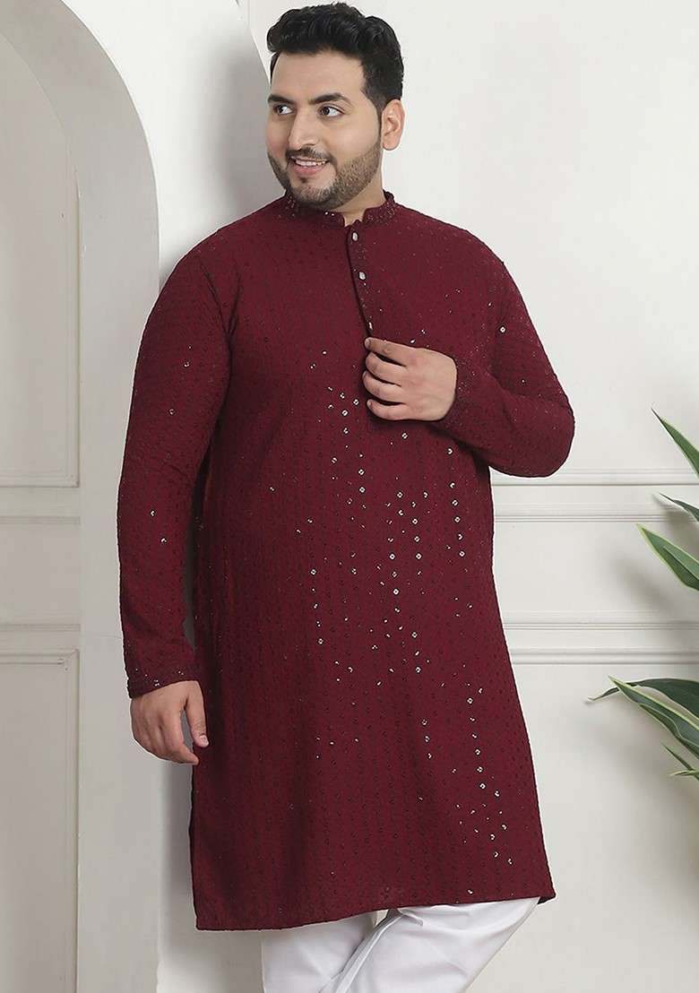 Burgundy Sequin Work Cotton Kurta For Men - Indya
