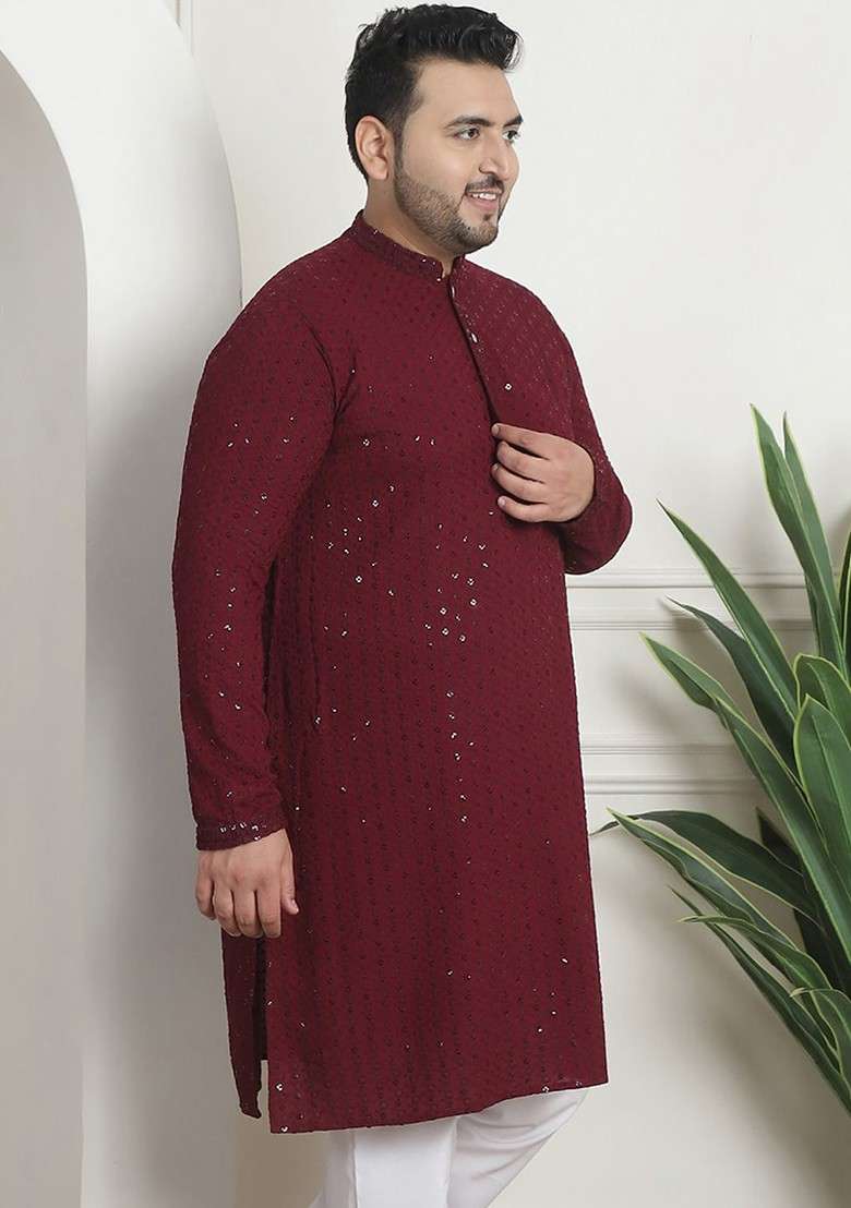 Burgundy Sequin Work Cotton Kurta For Men - Indya