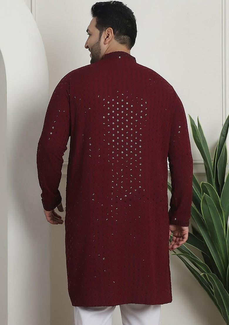 Burgundy Sequin Work Cotton Kurta For Men
