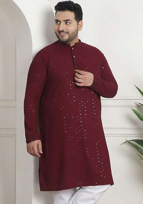 Burgundy Sequin Work Cotton Kurta For Men