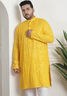 Mustard Embroidered Cotton Kurta For Men