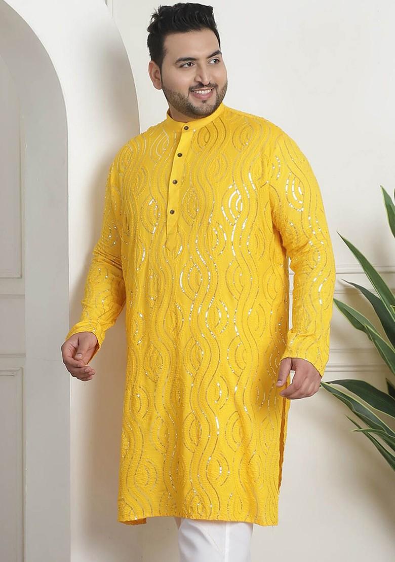 Mustard Embroidered Cotton Kurta For Men