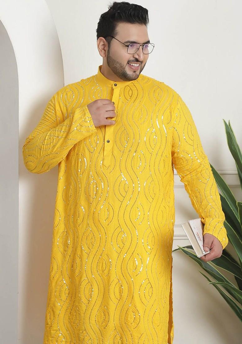 Mustard Embroidered Cotton Kurta For Men