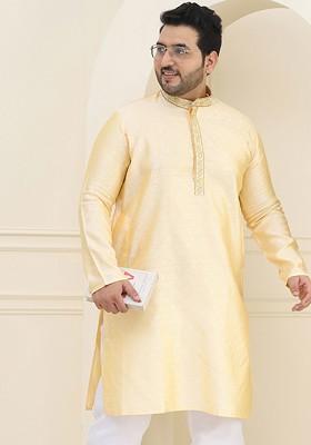 Yellow Thread Work Poly Blend Kurta For Men