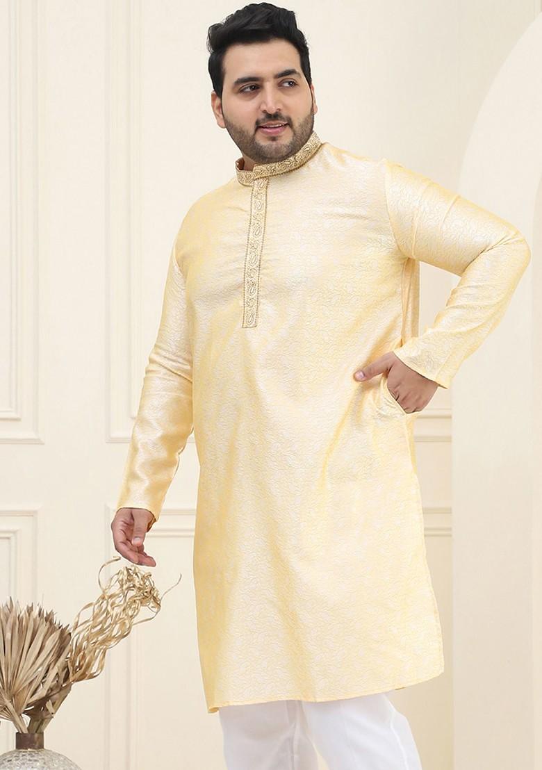 Yellow Thread Work Poly Blend Kurta For Men