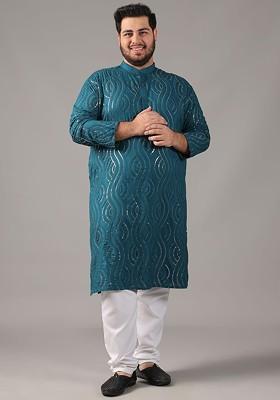 Teal Blue Embroidered Cotton Kurta For Men