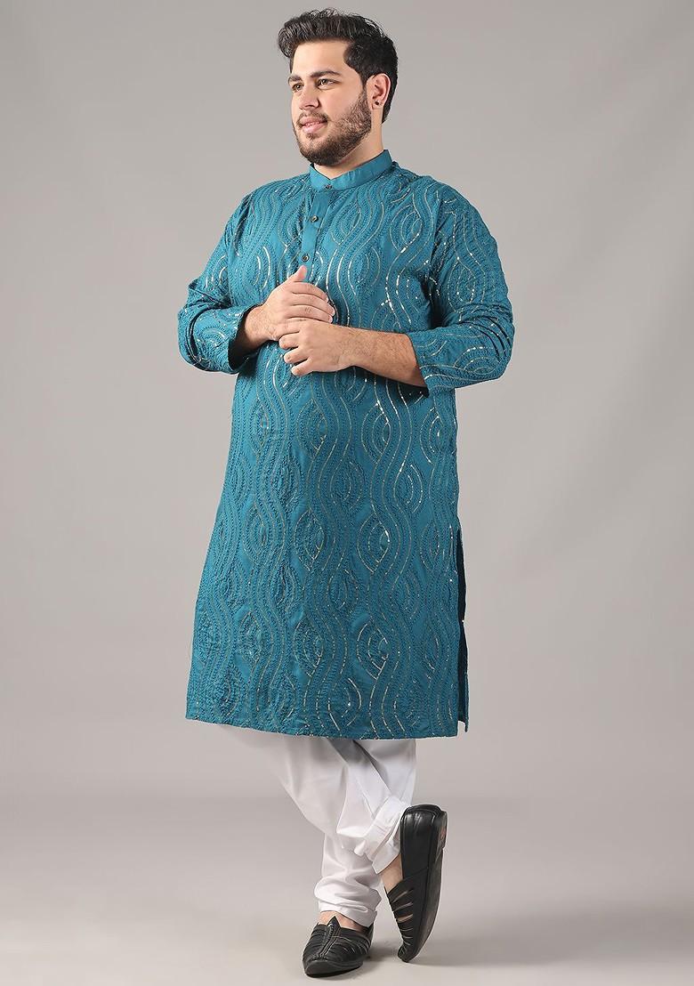 Teal Blue Embroidered Cotton Kurta For Men