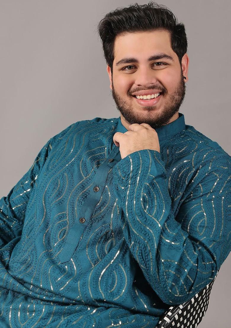 Teal Blue Embroidered Cotton Kurta For Men