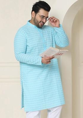 Turquoise Blue Embroidered Cotton Kurta For Men