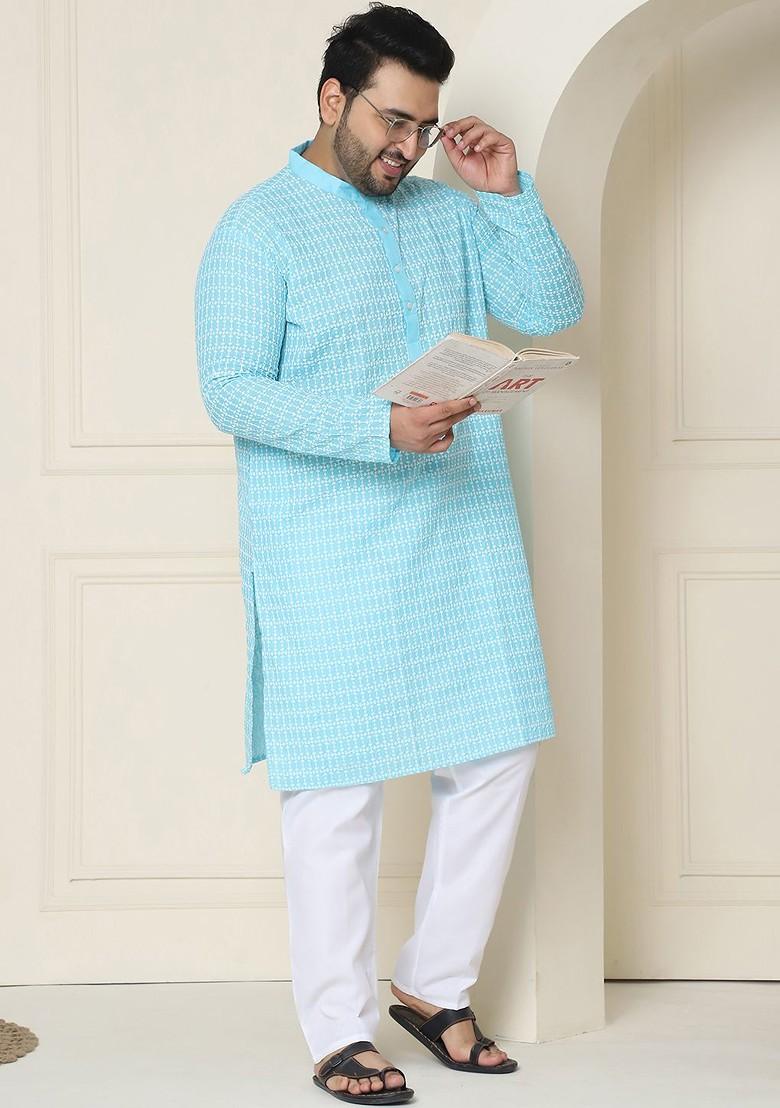 Turquoise Blue Embroidered Cotton Kurta For Men