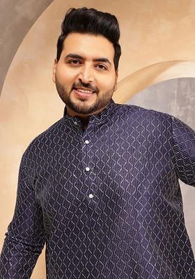 Navy Blue Embroidered Poly Blend Kurta For Men
