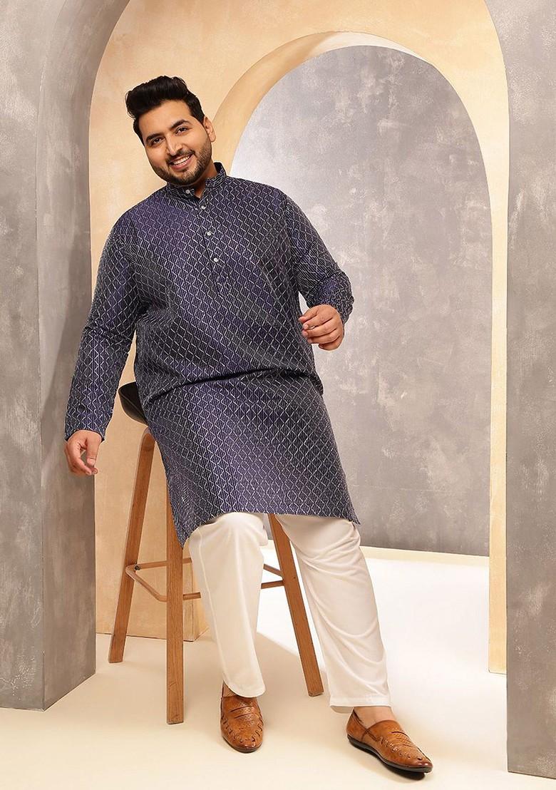 Navy Blue Embroidered Poly Blend Kurta For Men