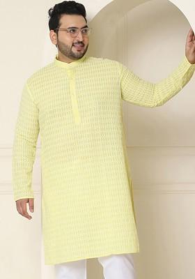 Yellow Embroidered Poly Blend Kurta For Men