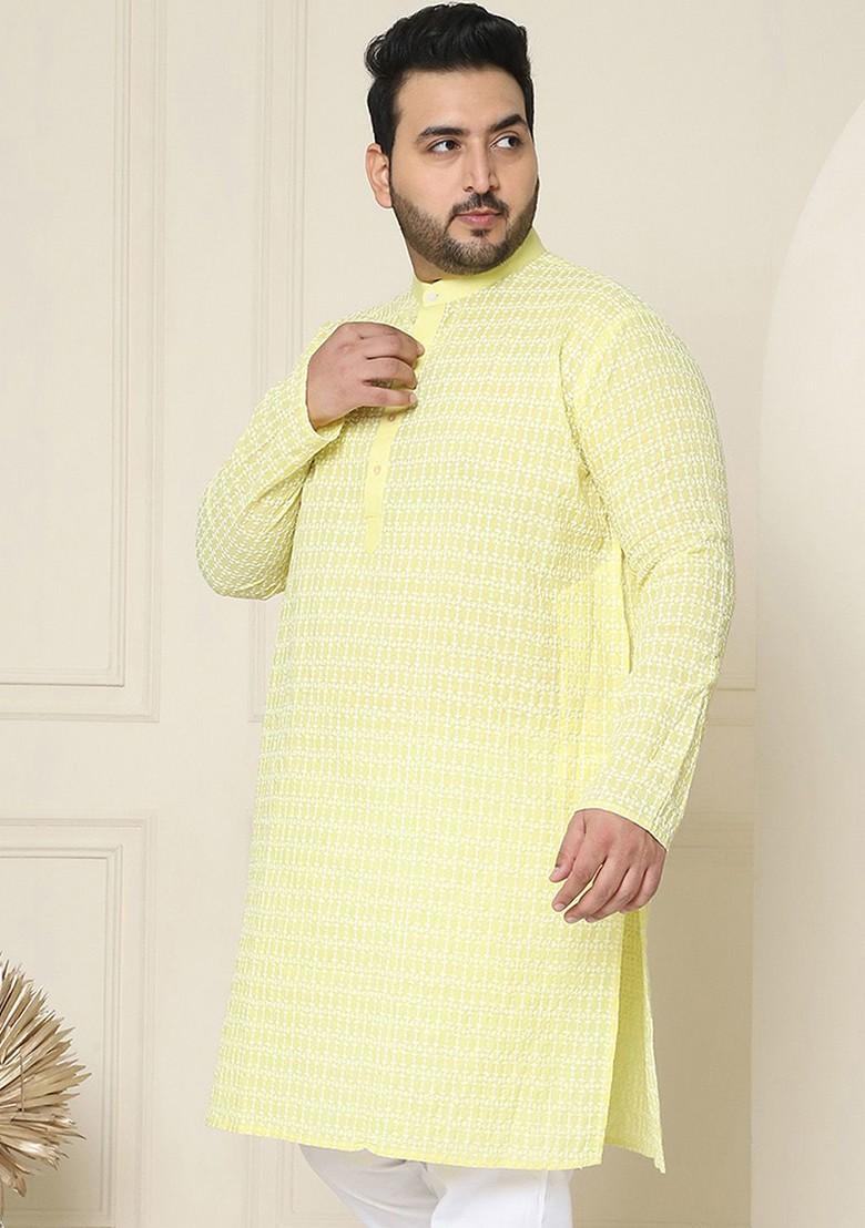 Yellow Embroidered Poly Blend Kurta For Men