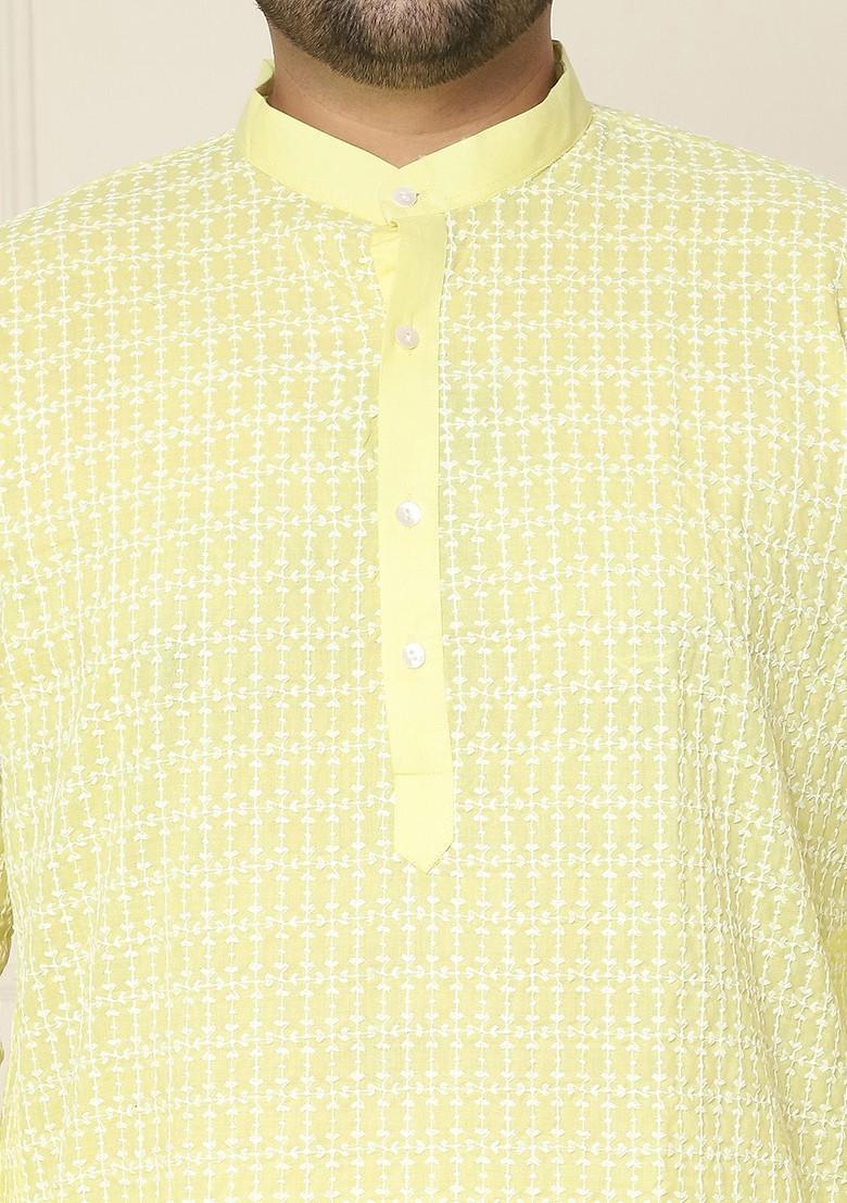 Yellow Embroidered Poly Blend Kurta For Men