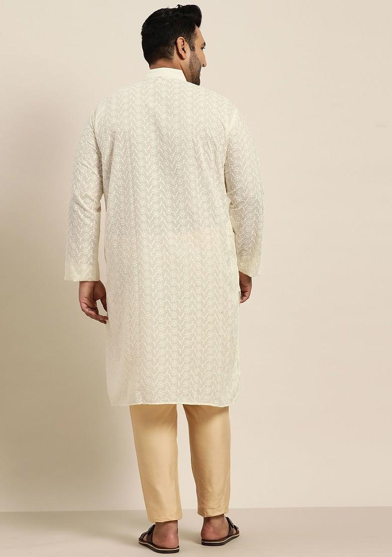 Off White Embroidered Cotton Kurta For Men