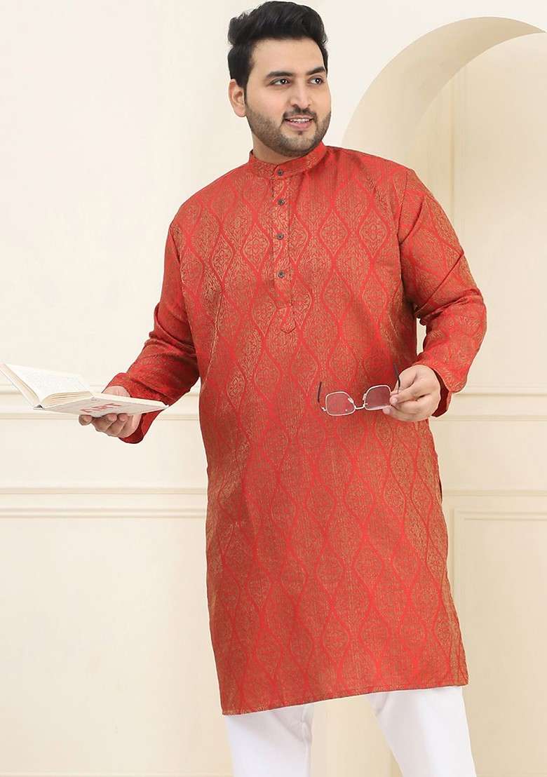 Red Woven Silk Blend Kurta For Men - Indya