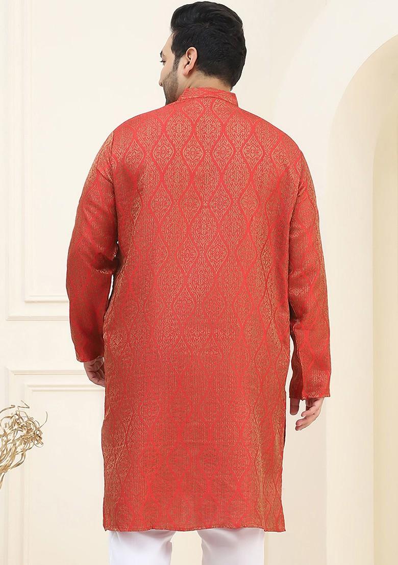 Red Woven Silk Kurta For Men