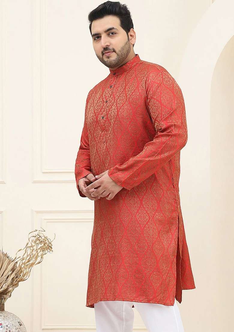 Red Woven Silk Blend Kurta For Men - Indya