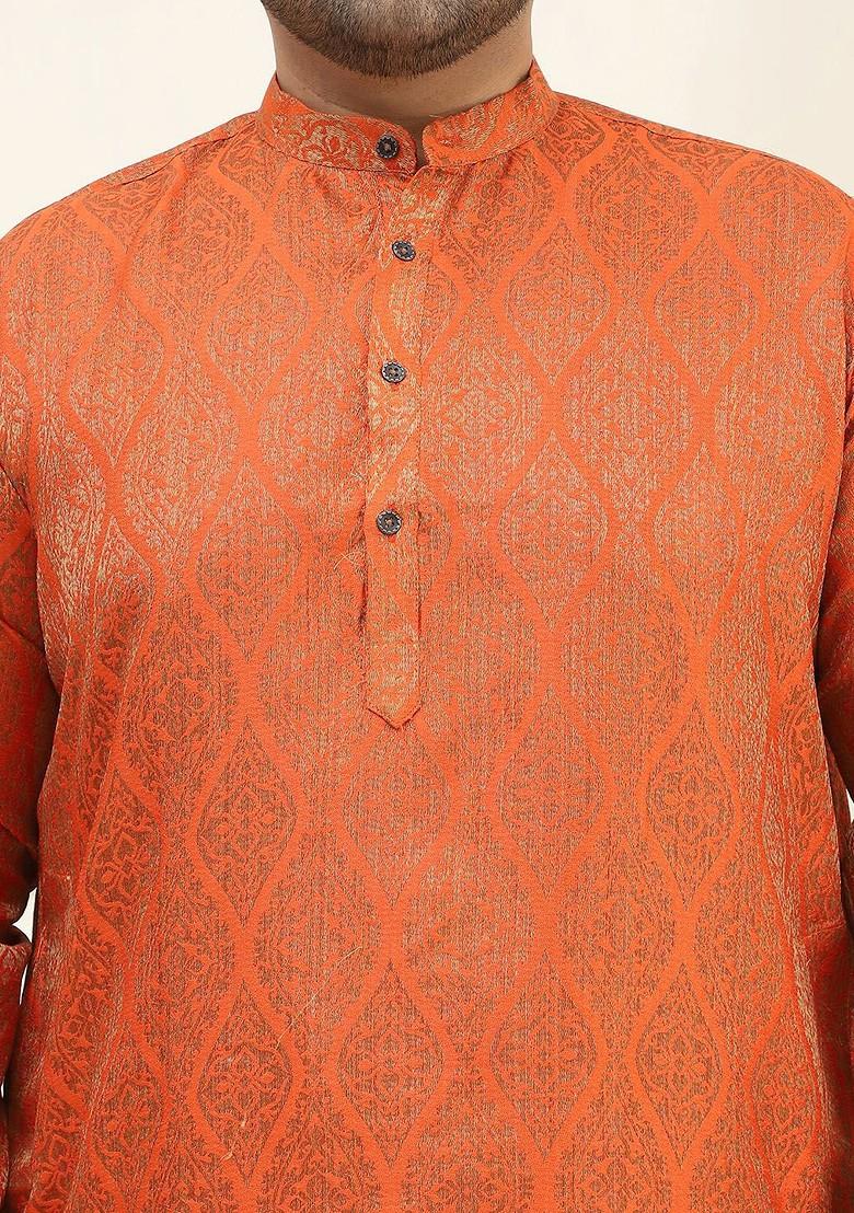 Rust Orange Woven Silk Kurta For Men