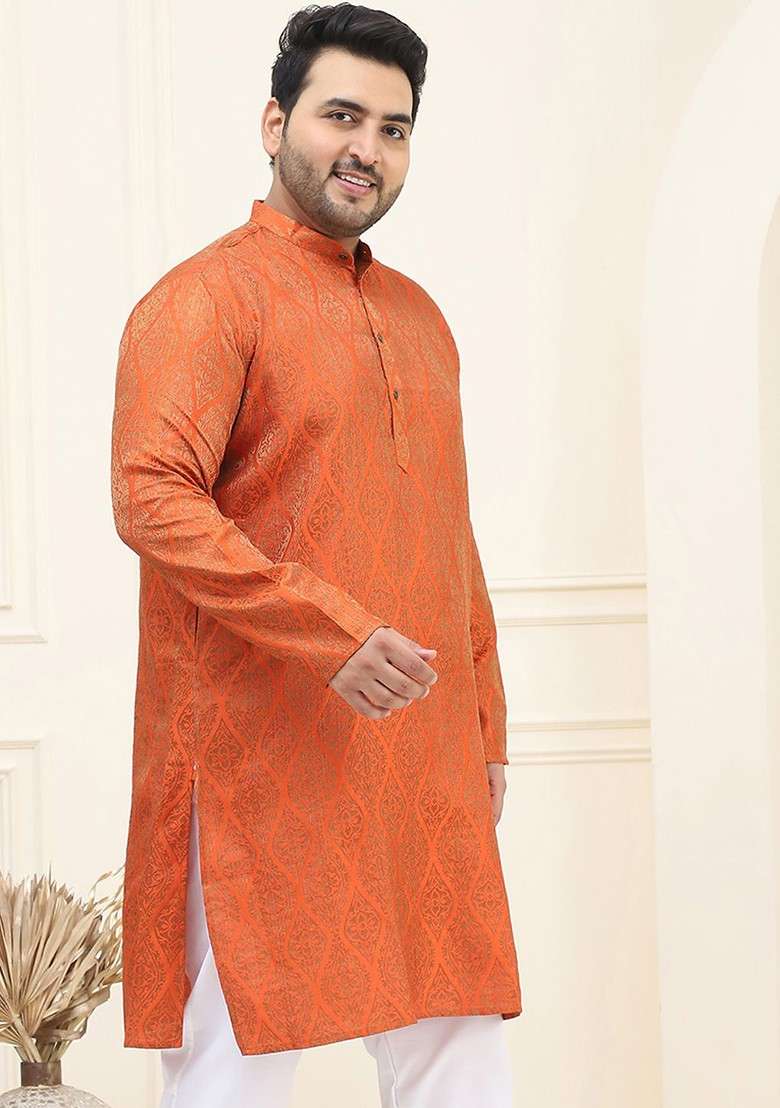 Rust Orange Woven Silk Blend Kurta For Men - Indya