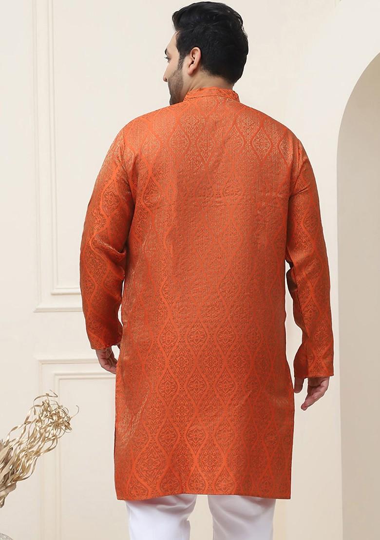Rust Orange Woven Silk Kurta For Men