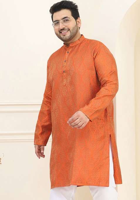 Rust Orange Woven Silk Blend Kurta For Men