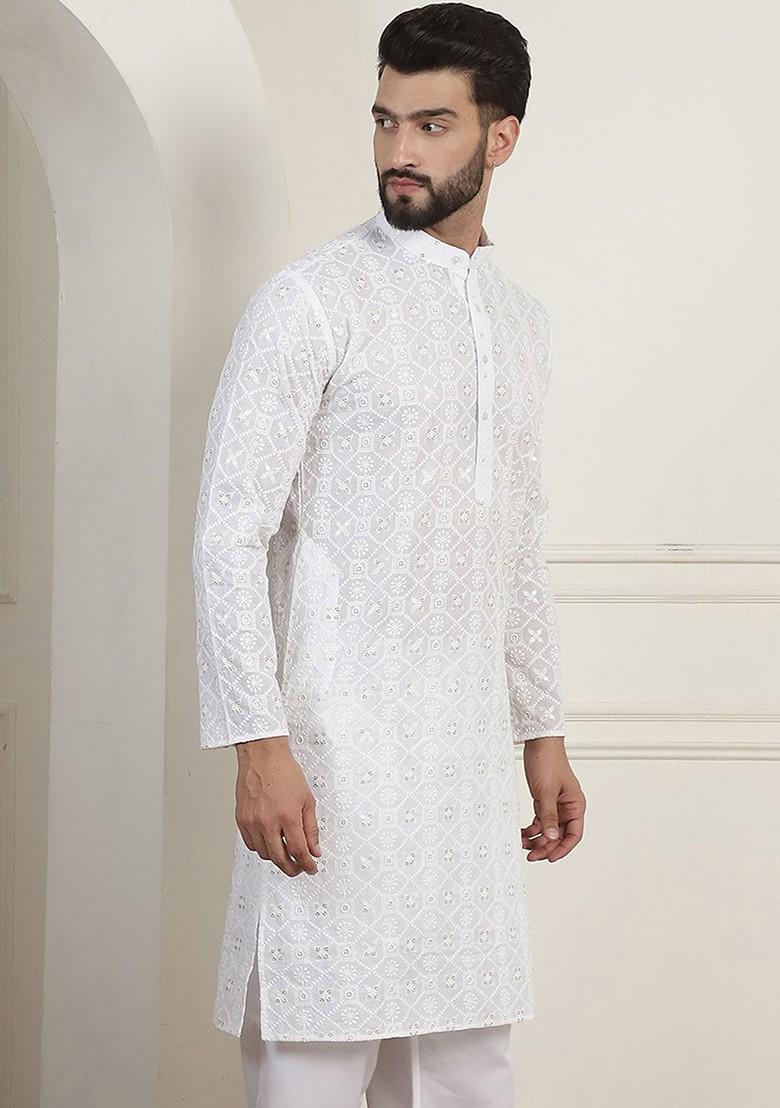White Embroidered Cotton Kurta For Men