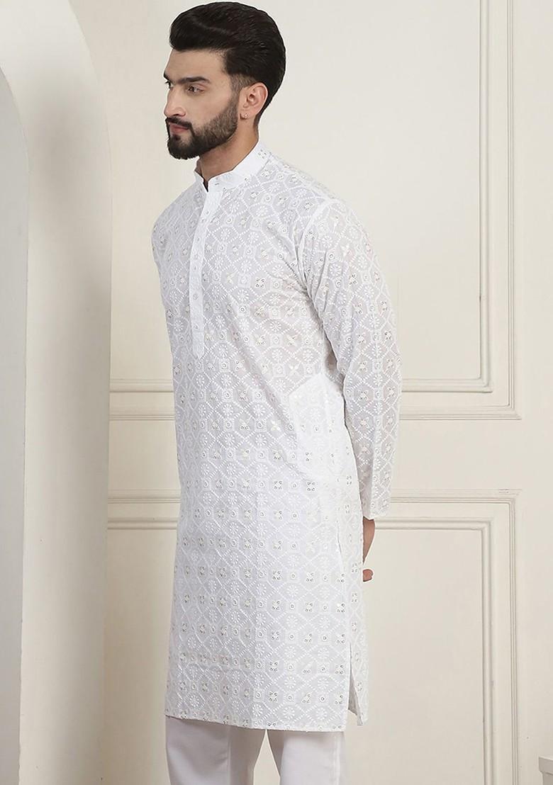 White Embroidered Cotton Kurta For Men