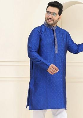 Blue Thread Work Poly Blend Kurta For Men